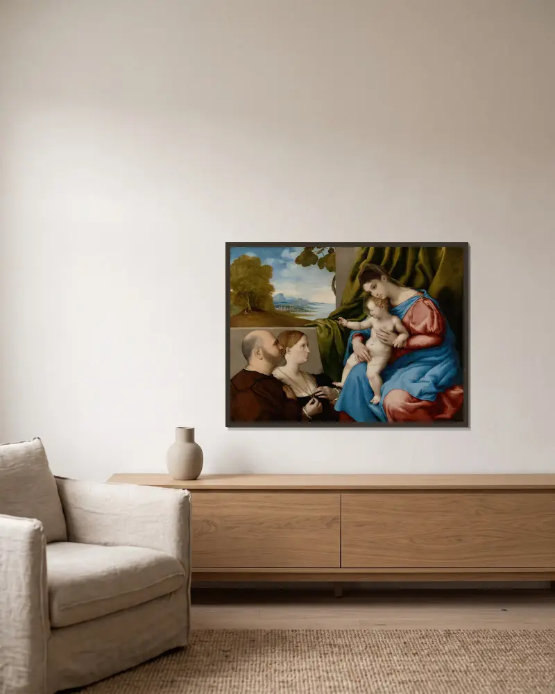 Madonnan med barnet och två donatorer av Lorenzo Lotto inramad på en vägg