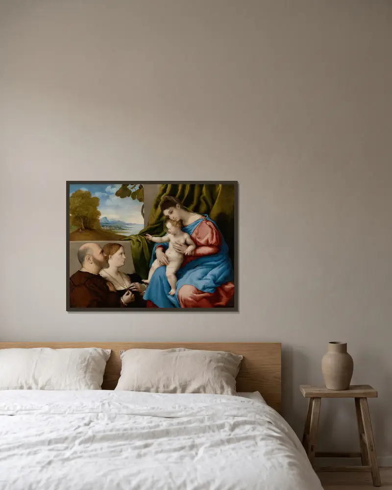 Madonnan med barnet och två donatorer av Lorenzo Lotto inramad på en vägg