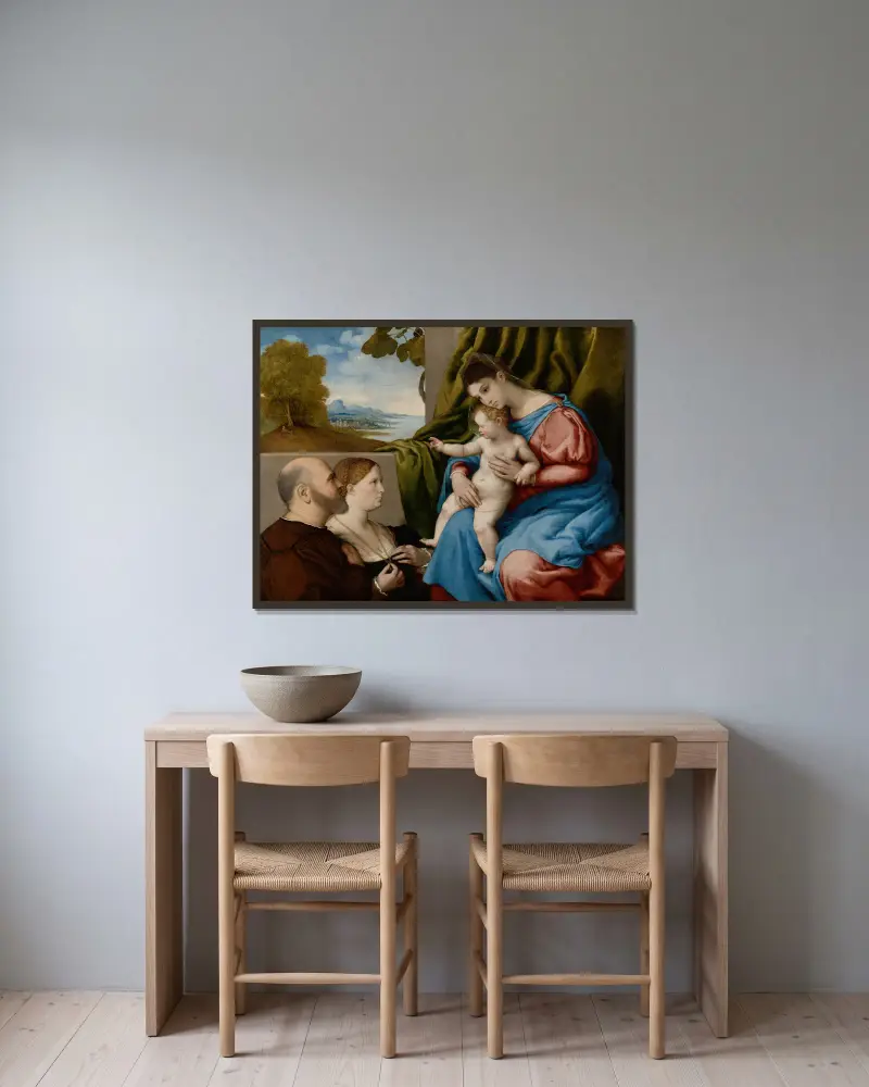 Madonnan med barnet och två donatorer av Lorenzo Lotto inramad på en vägg