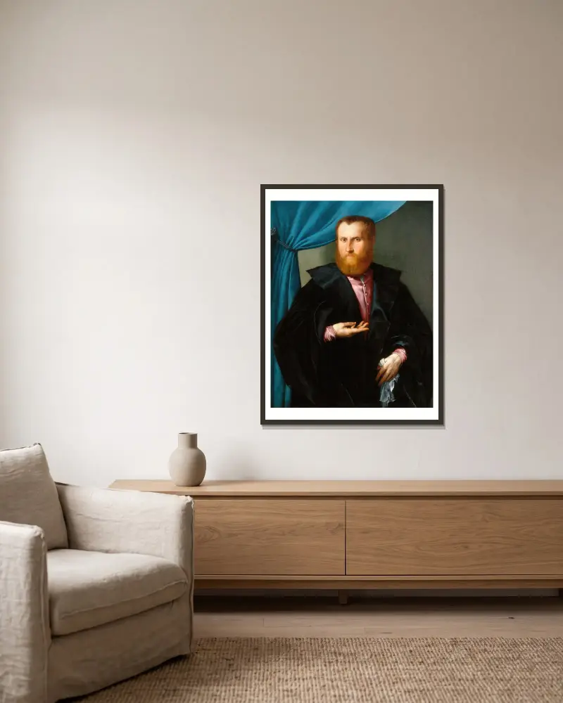 Porträtt av en skäggig man av Lorenzo Lotto inramad på en vägg