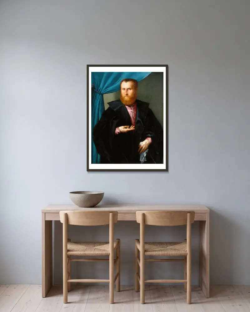 Porträtt av en skäggig man av Lorenzo Lotto inramad på en vägg
