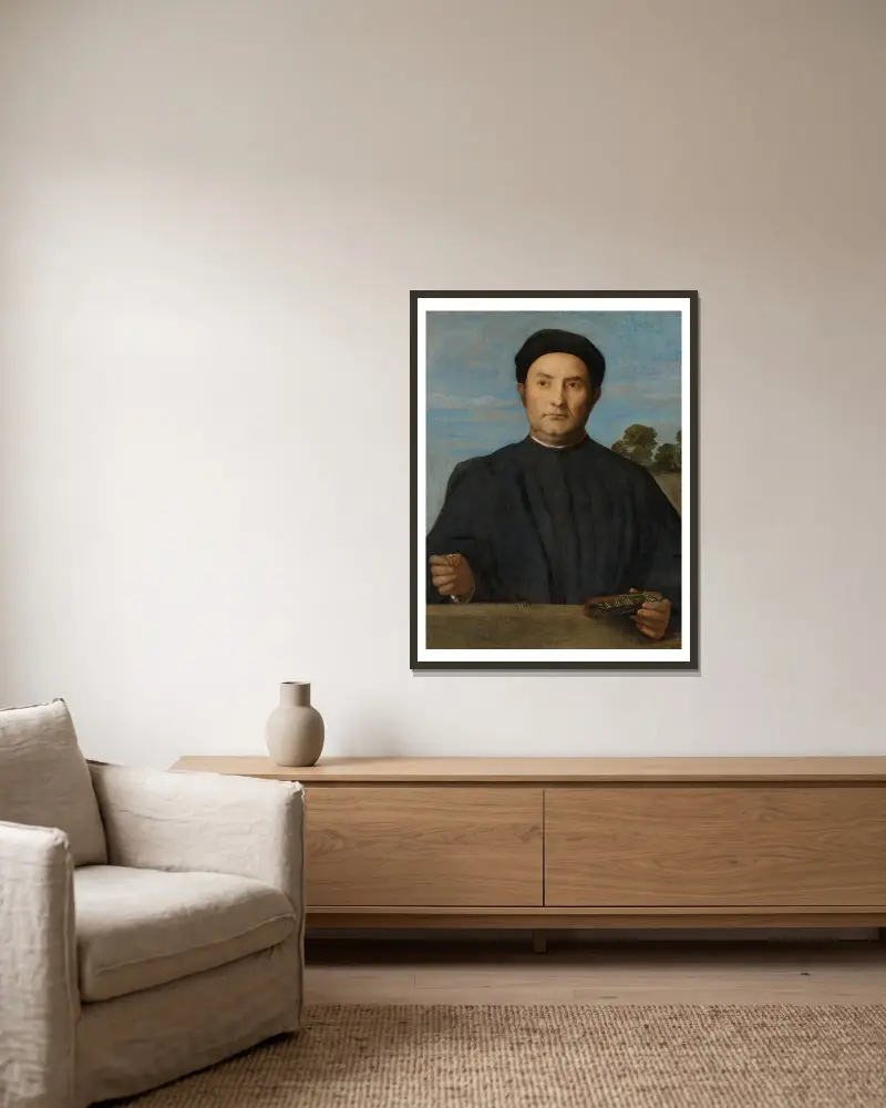 Porträt eines Juweliers, vermutlich Giovanni Pietro Crivelli von Lorenzo Lotto gerahmt an einer Wand