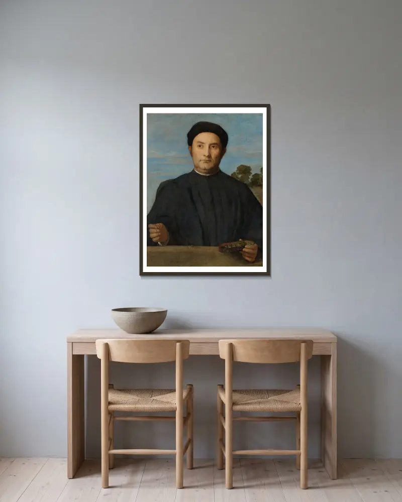 Porträt eines Juweliers, vermutlich Giovanni Pietro Crivelli von Lorenzo Lotto gerahmt an einer Wand