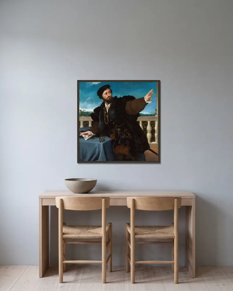 Porträtt av en man av Lorenzo Lotto inramad på en vägg