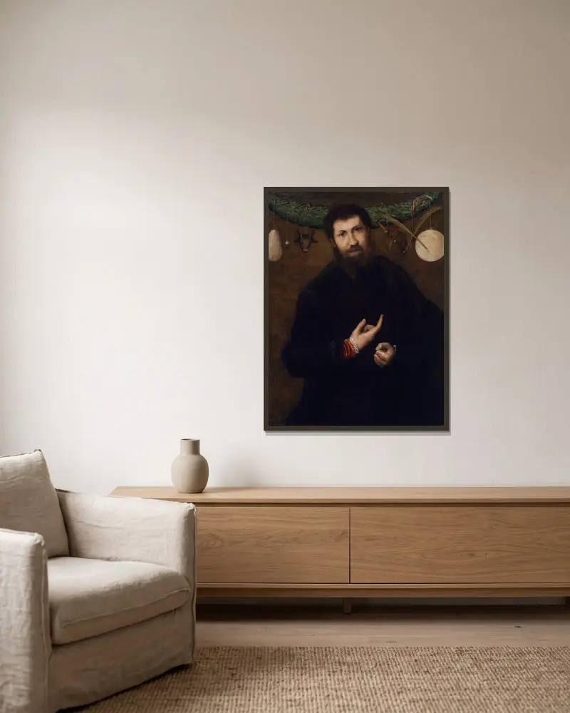Porträtt av en man med allegoriska symboler av Lorenzo Lotto inramad på en vägg