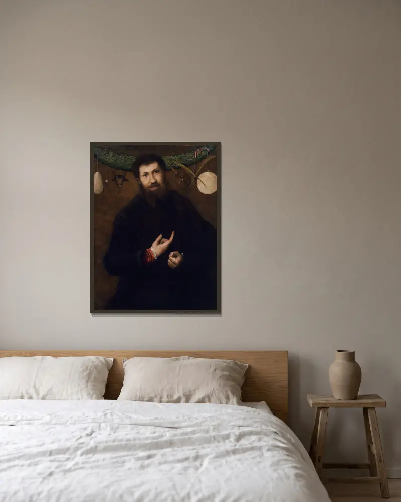Porträtt av en man med allegoriska symboler av Lorenzo Lotto inramad på en vägg