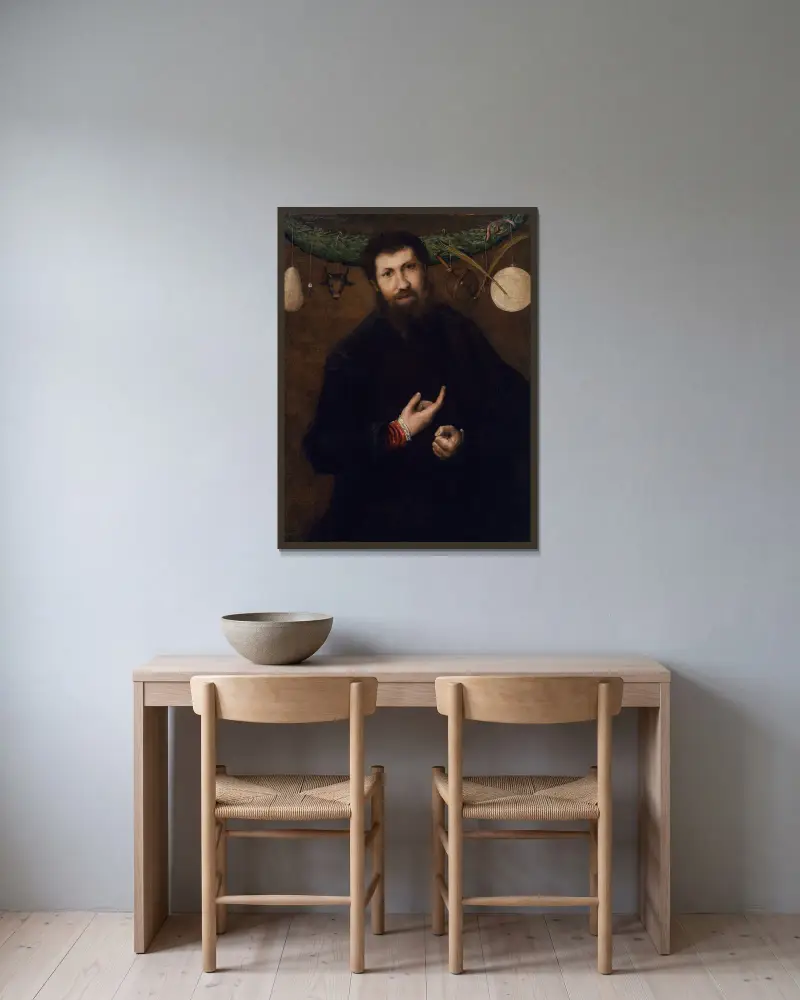 Porträtt av en man med allegoriska symboler av Lorenzo Lotto inramad på en vägg