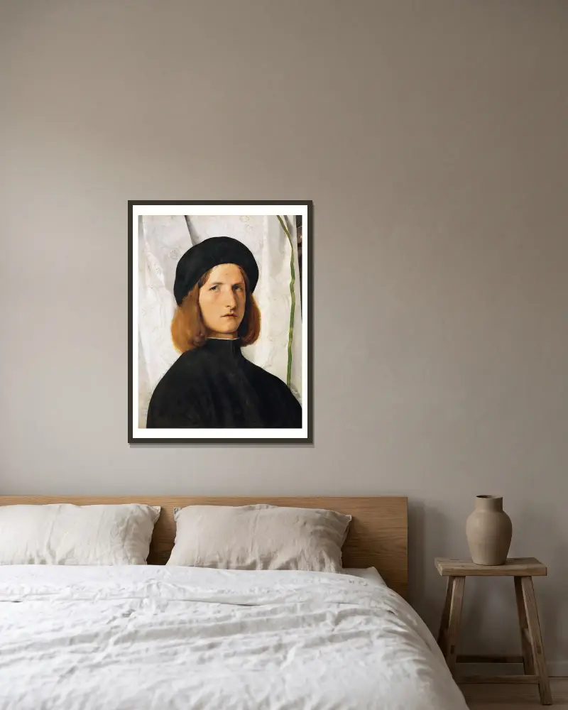 Porträtt av ung man med lampa av Lorenzo Lotto inramad på en vägg