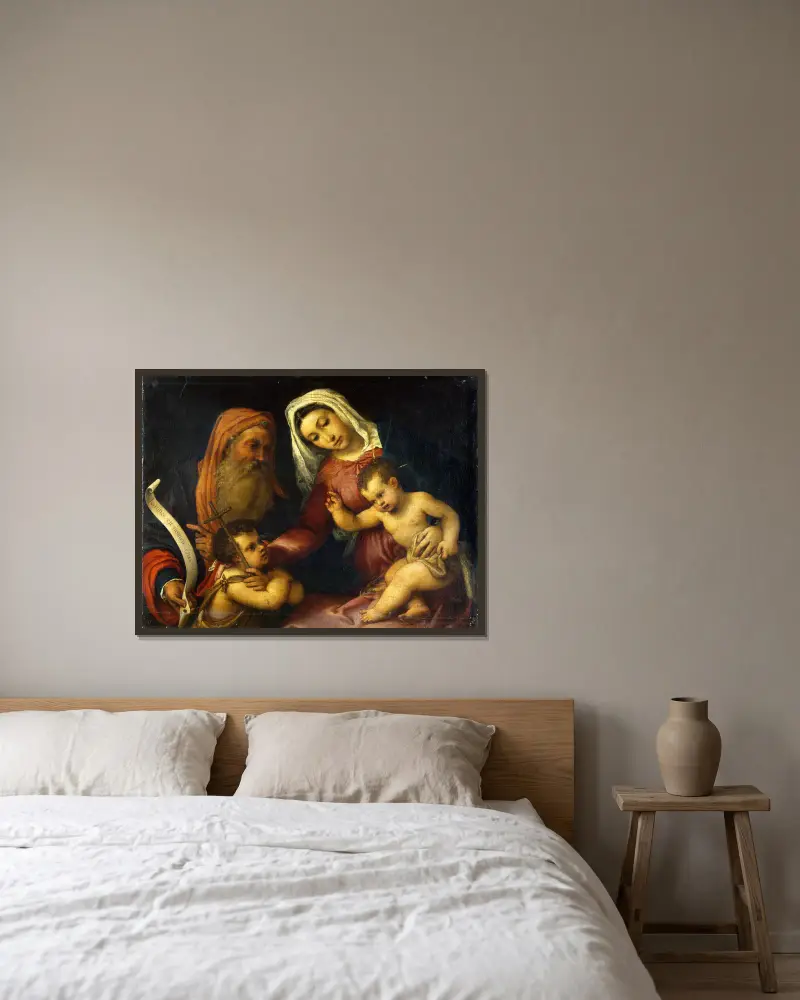 Jungfru Maria med barnet och helgonen Sakarias och Johannes Döparen av Lorenzo Lotto inramad på en vägg