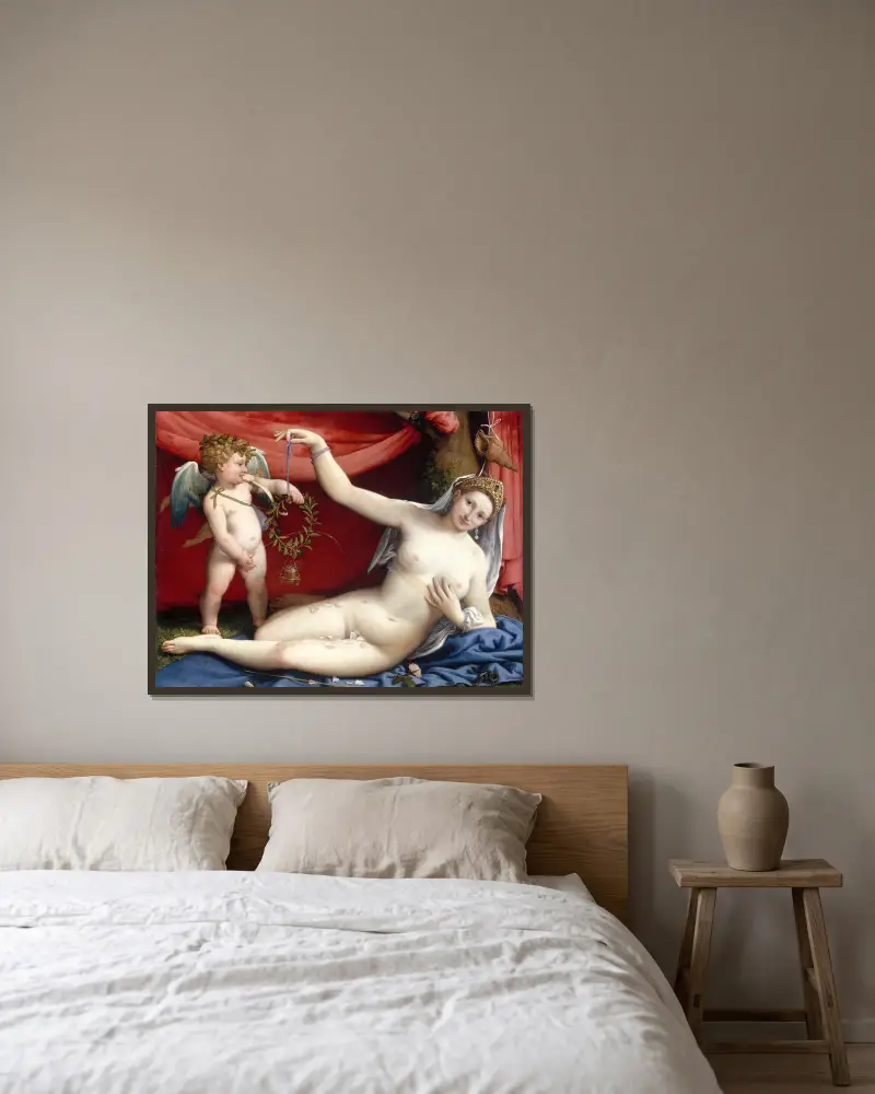 Venus and Cupid av Lorenzo Lotto inramad på en vägg