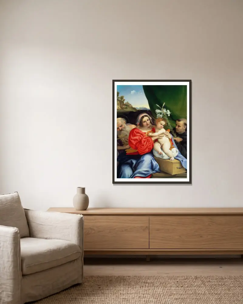 Madonnan med barnet och helgonen Hieronymus och Nikolaus av Tolentino av Lorenzo Lotto inramad på en vägg