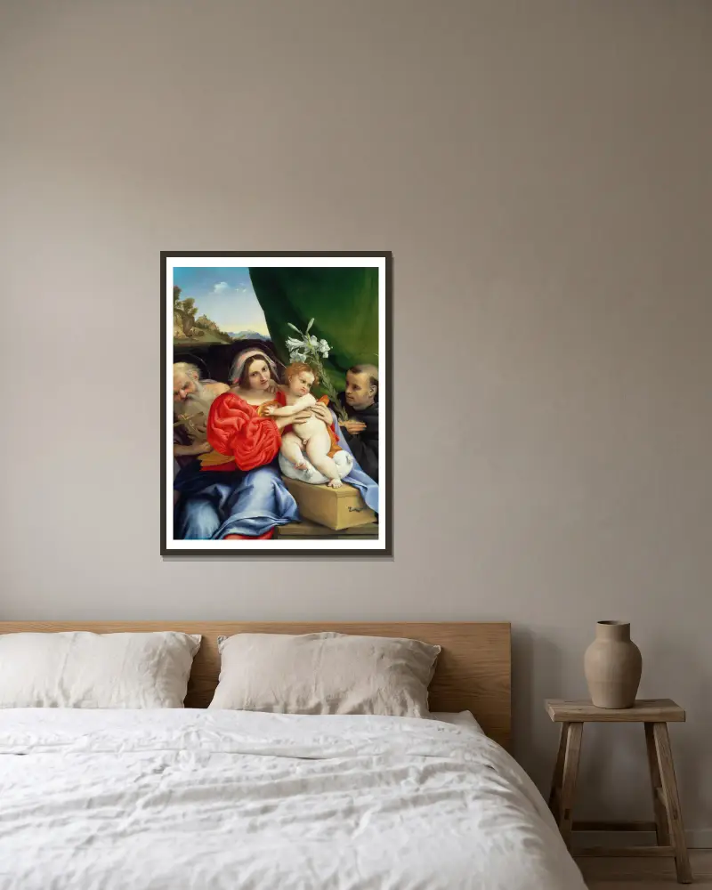 Madonnan med barnet och helgonen Hieronymus och Nikolaus av Tolentino av Lorenzo Lotto inramad på en vägg