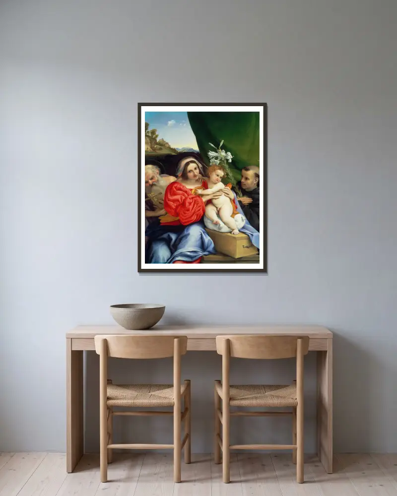 Madonnan med barnet och helgonen Hieronymus och Nikolaus av Tolentino av Lorenzo Lotto inramad på en vägg