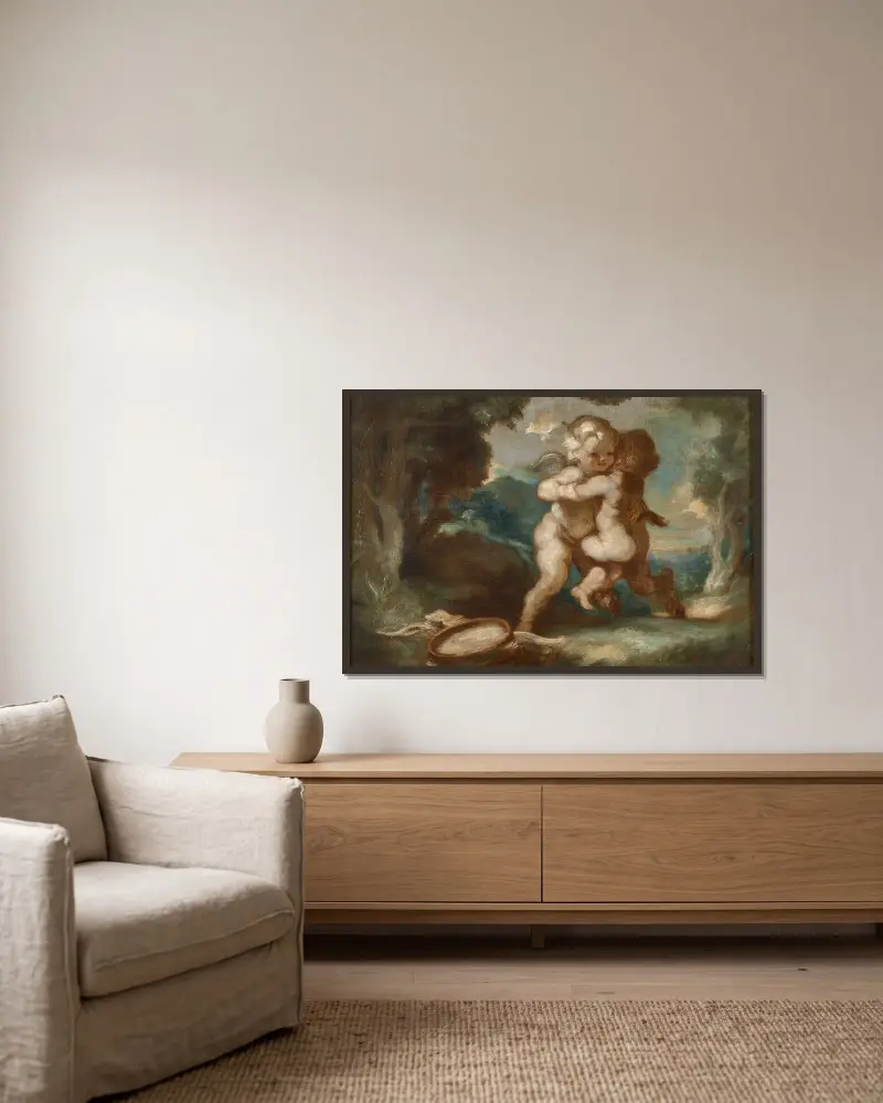 Geflügelter Amor, mit einem jungen Faun spielend von Louis Anquetin gerahmt an einer Wand