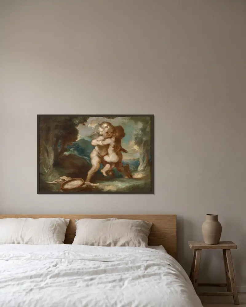 Geflügelter Amor, mit einem jungen Faun spielend von Louis Anquetin gerahmt an einer Wand