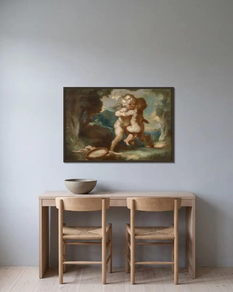 Geflügelter Amor, mit einem jungen Faun spielend von Louis Anquetin gerahmt an einer Wand