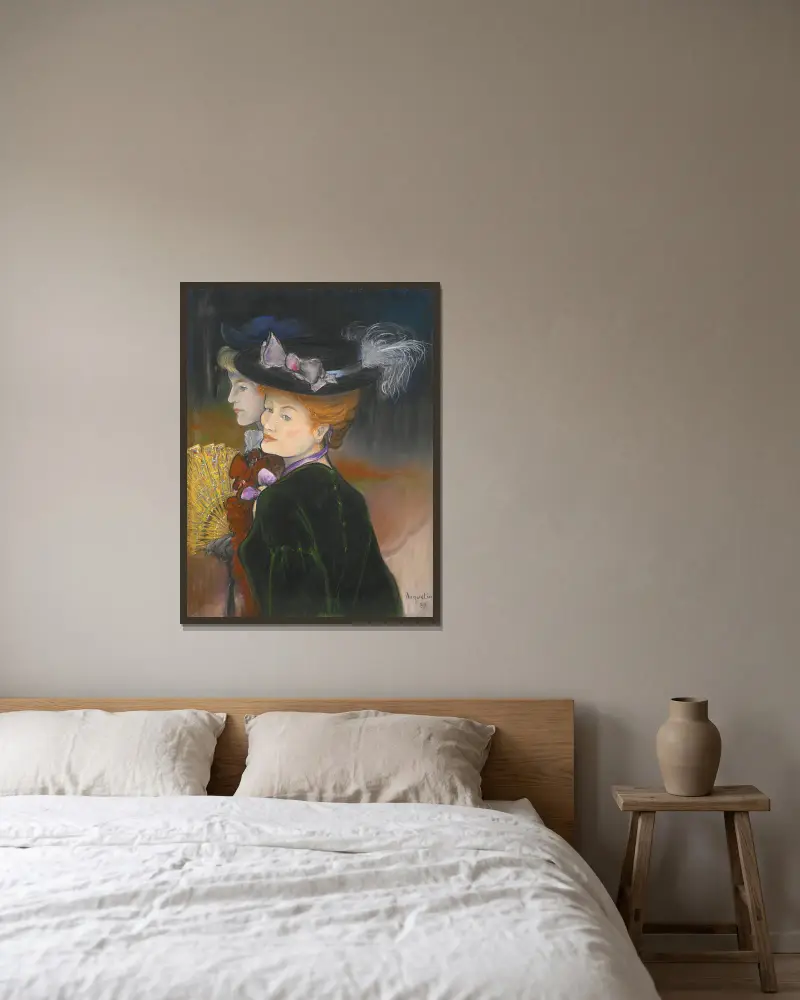 Två eleganta kvinnor i skogen av Louis Anquetin inramad på en vägg