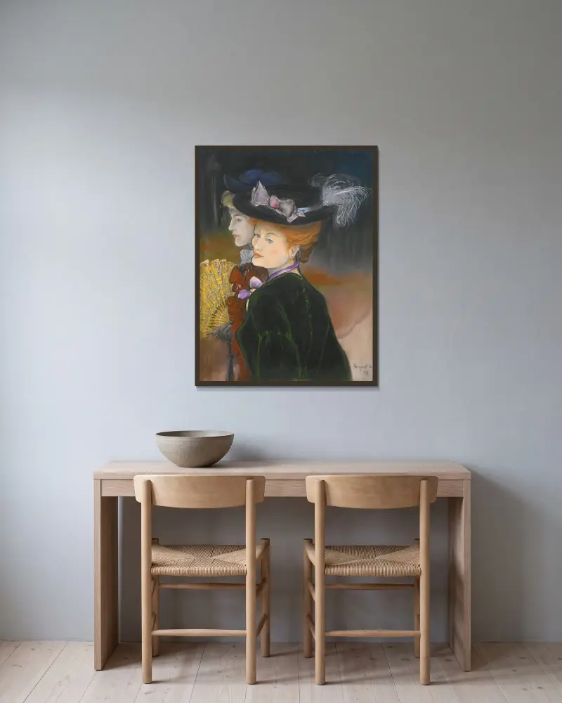 Två eleganta kvinnor i skogen av Louis Anquetin inramad på en vägg