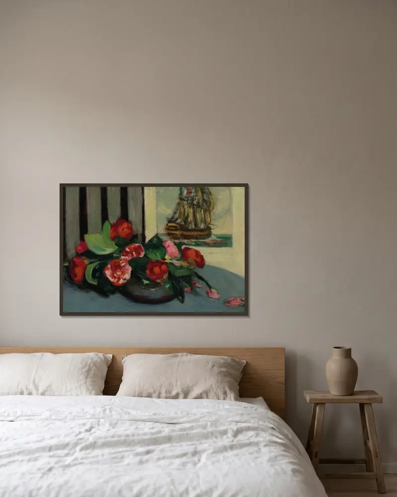 Nature morte aux camélias av Louis Anquetin inramad på en vägg