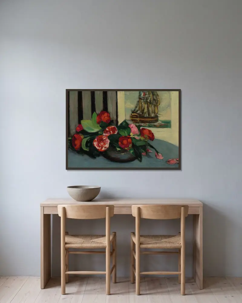 Nature morte aux camélias av Louis Anquetin inramad på en vägg