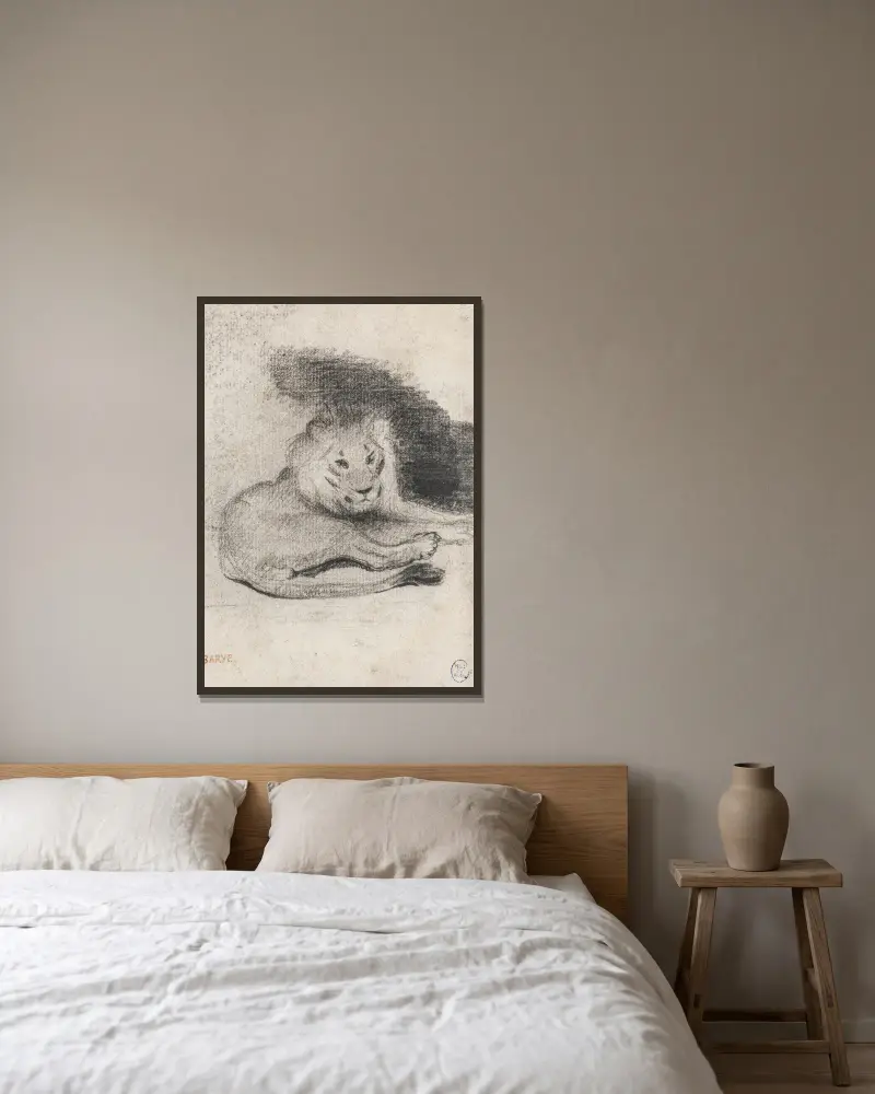 Studie ležícího lva, Antoine-Louis Barye v rámu na stěně