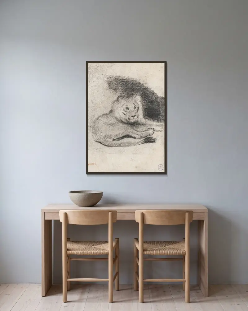 Studie ležícího lva, Antoine-Louis Barye v rámu na stěně