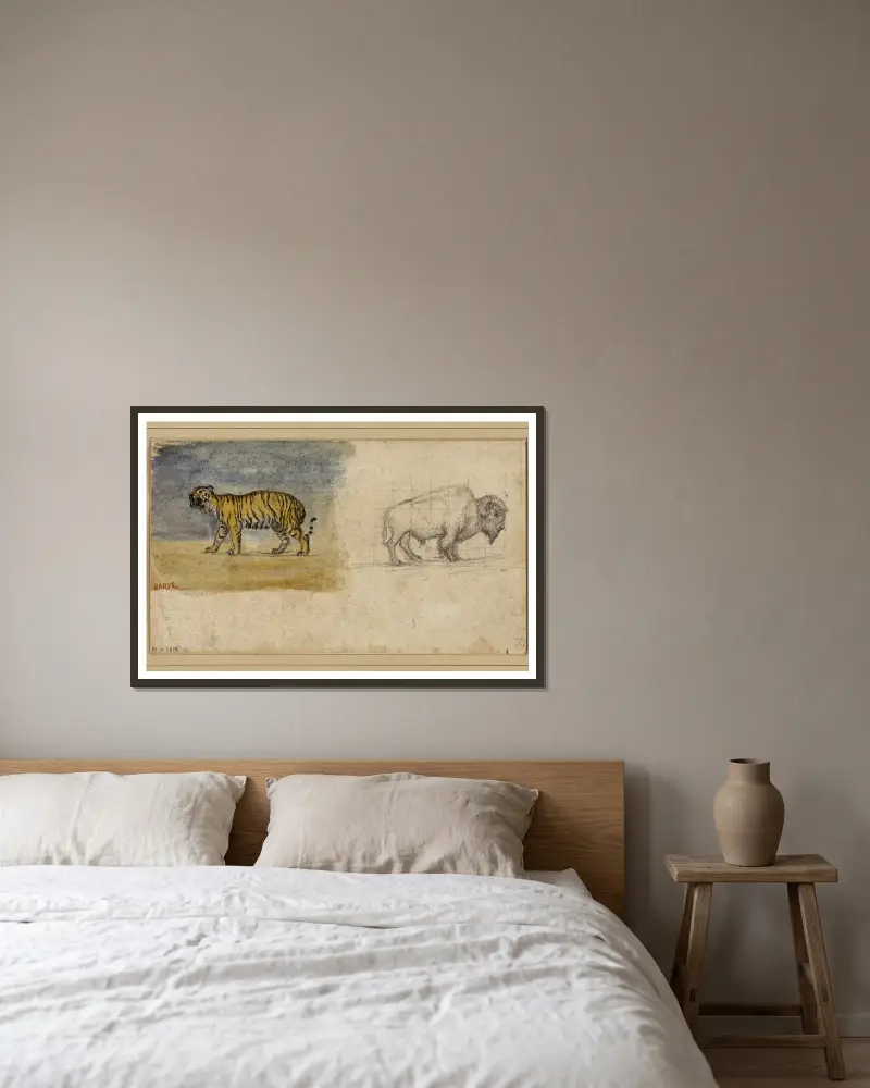 Studie av en tiger och en bison av Antoine-Louis Barye inramad på en vägg