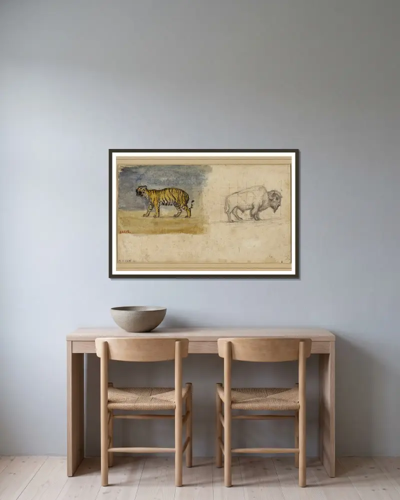 Studie av en tiger och en bison av Antoine-Louis Barye inramad på en vägg