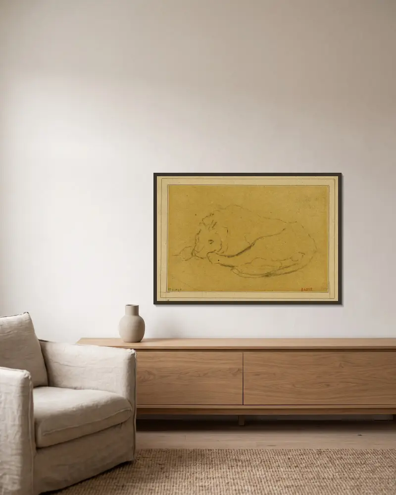 Liegender Löwe, den Kopf zwischen den Pfoten von Antoine-Louis Barye gerahmt an einer Wand