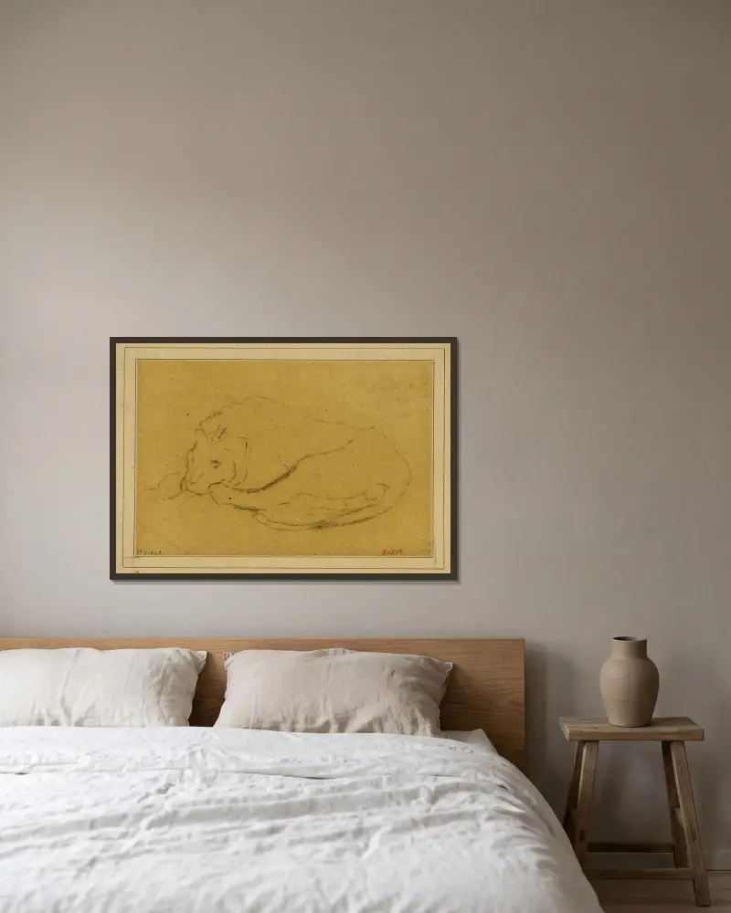 Liegender Löwe, den Kopf zwischen den Pfoten von Antoine-Louis Barye gerahmt an einer Wand