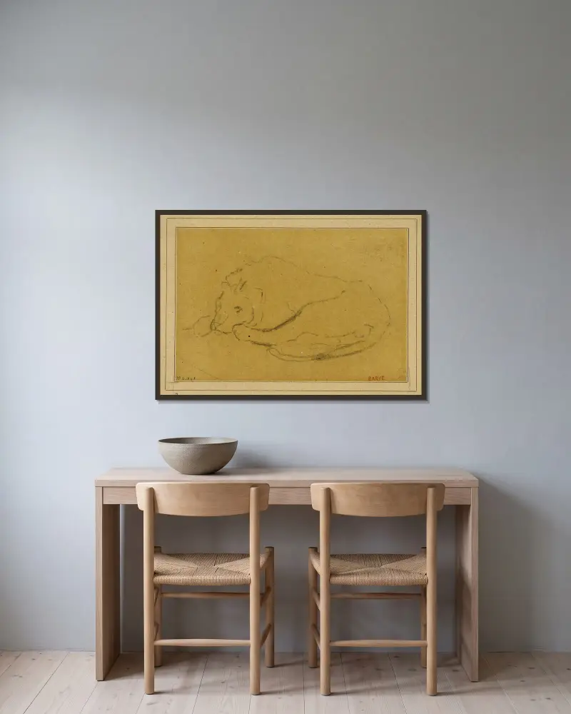 Liegender Löwe, den Kopf zwischen den Pfoten von Antoine-Louis Barye gerahmt an einer Wand