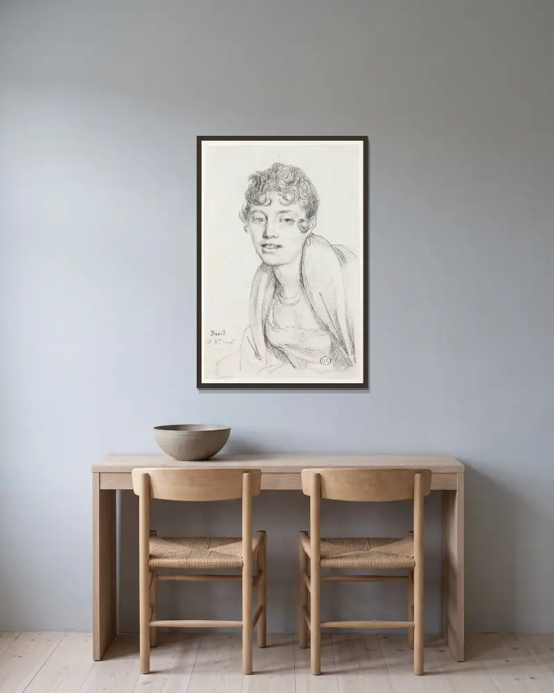 Bust of Angelique Mongez av Jacques Louis David inramad på en vägg