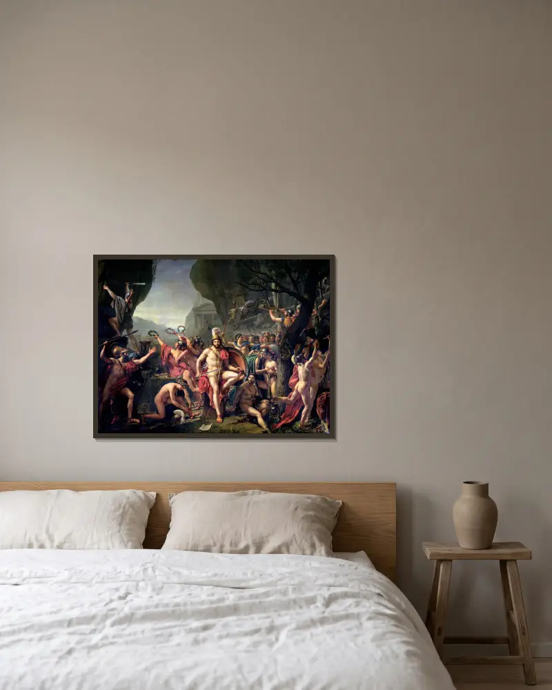 Leonidas At Thermopylae av Jacques Louis David inramad på en vägg