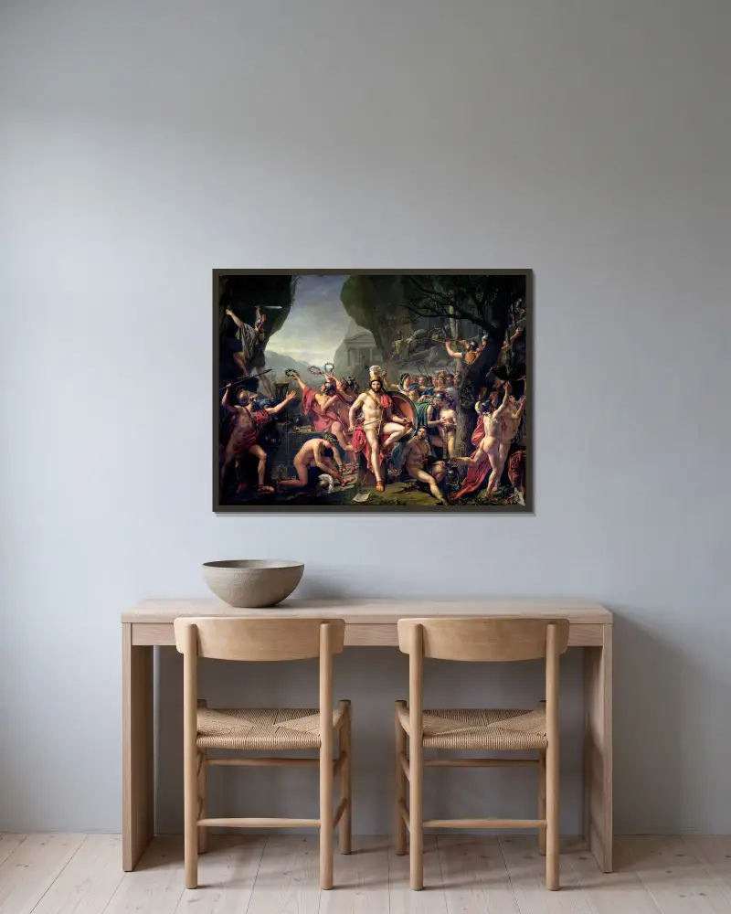 Leonidas At Thermopylae av Jacques Louis David inramad på en vägg