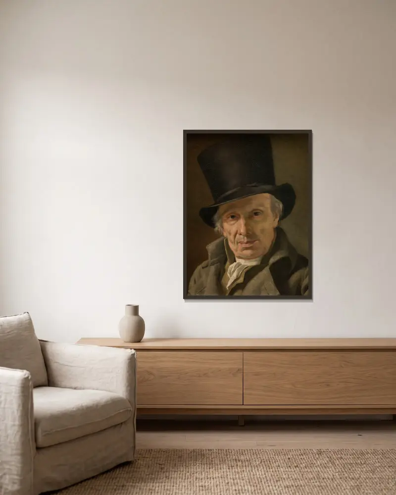Man in a Hat av Jacques Louis David inramad på en vägg