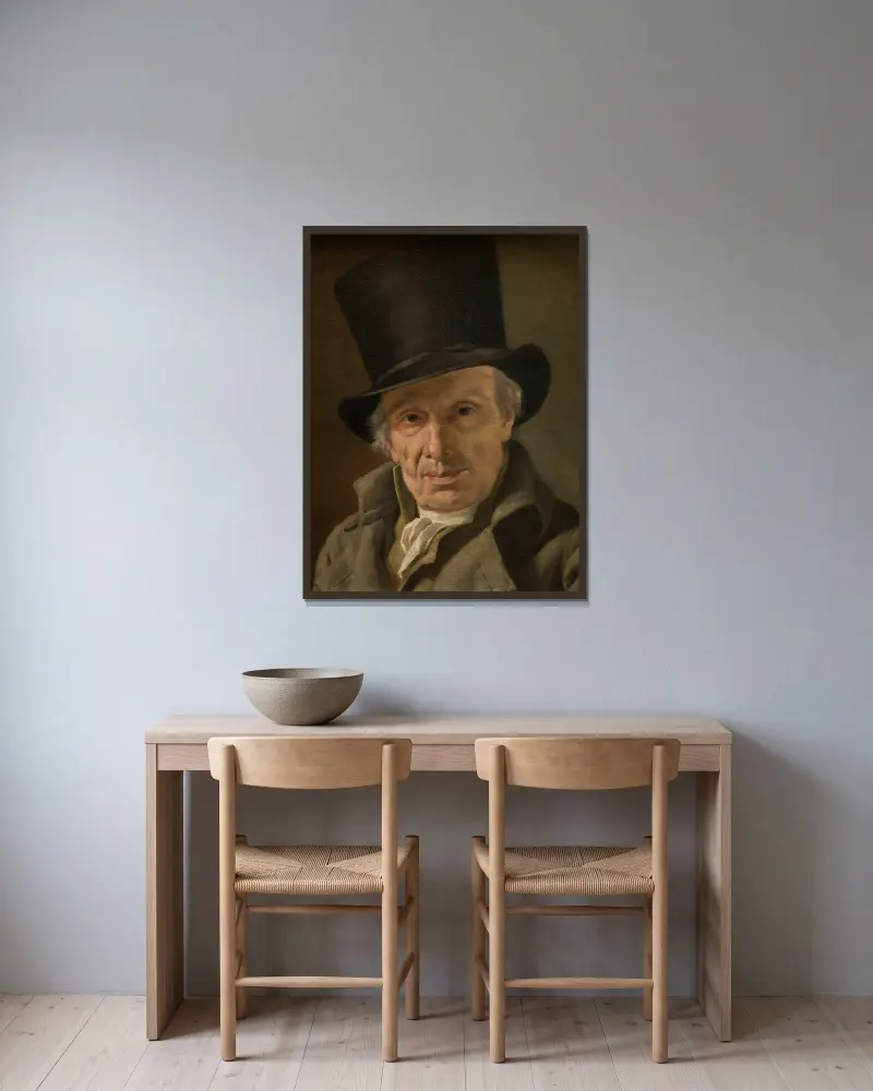 Man in a Hat av Jacques Louis David inramad på en vägg