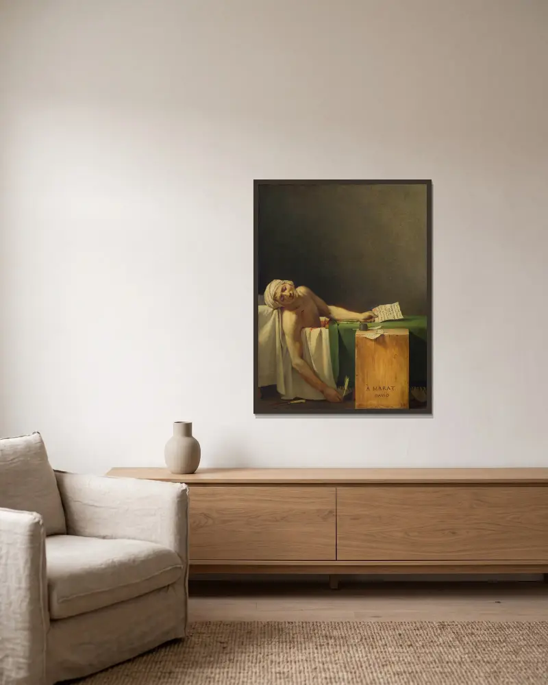 Marat Assassinated av Jacques Louis David inramad på en vägg
