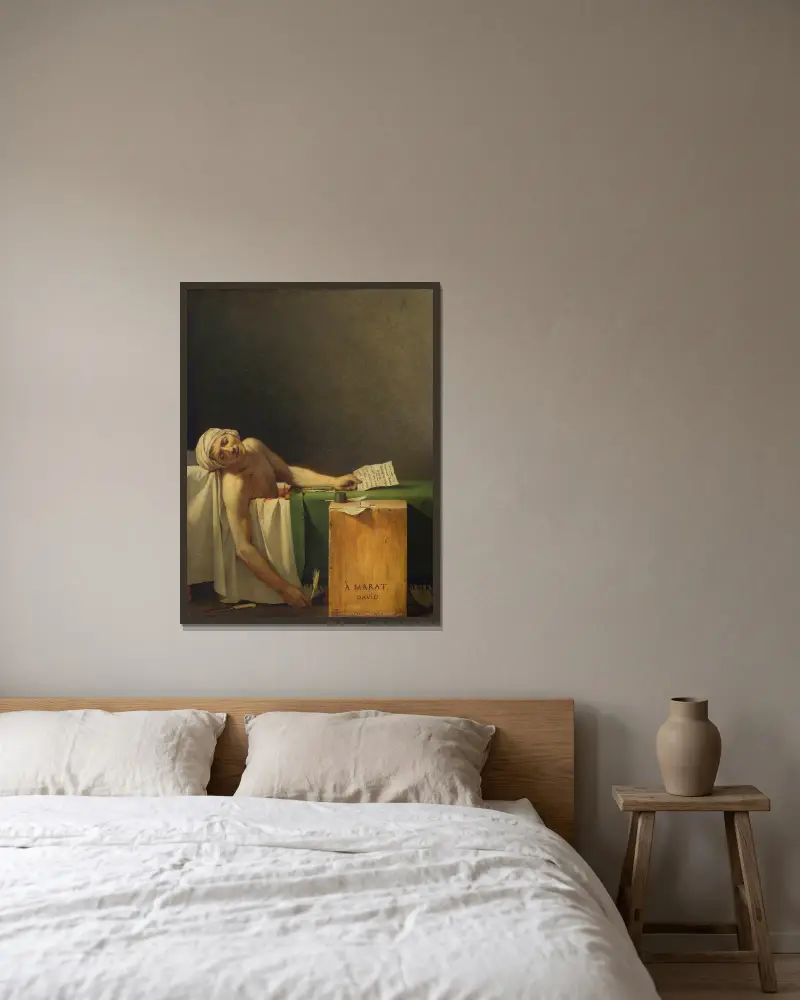Marat Assassinated av Jacques Louis David inramad på en vägg