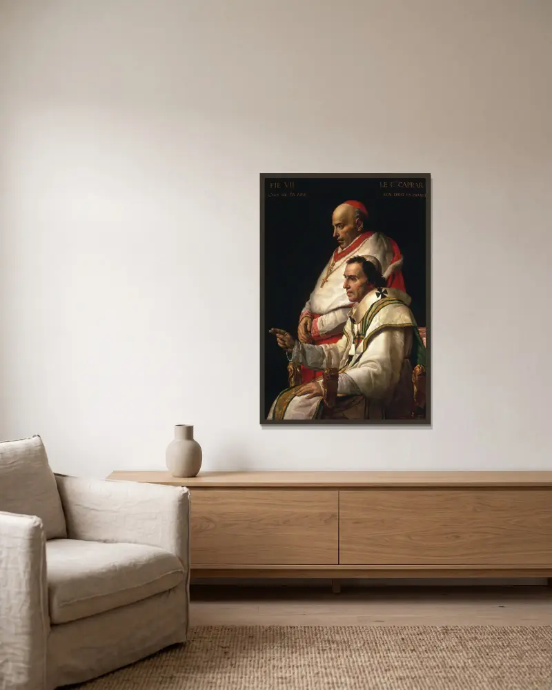 Porträtt av påven Pius VII och kardinal Caprara av Jacques Louis David inramad på en vägg