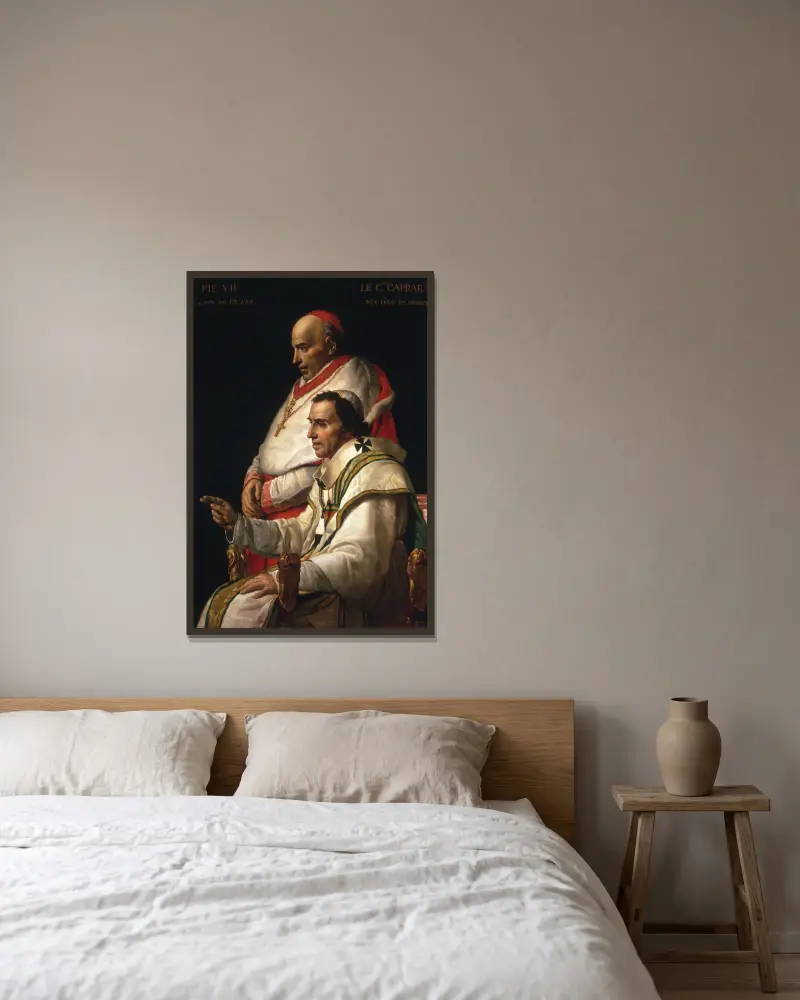 Porträtt av påven Pius VII och kardinal Caprara av Jacques Louis David inramad på en vägg