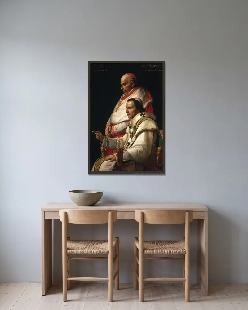 Porträtt av påven Pius VII och kardinal Caprara av Jacques Louis David inramad på en vägg