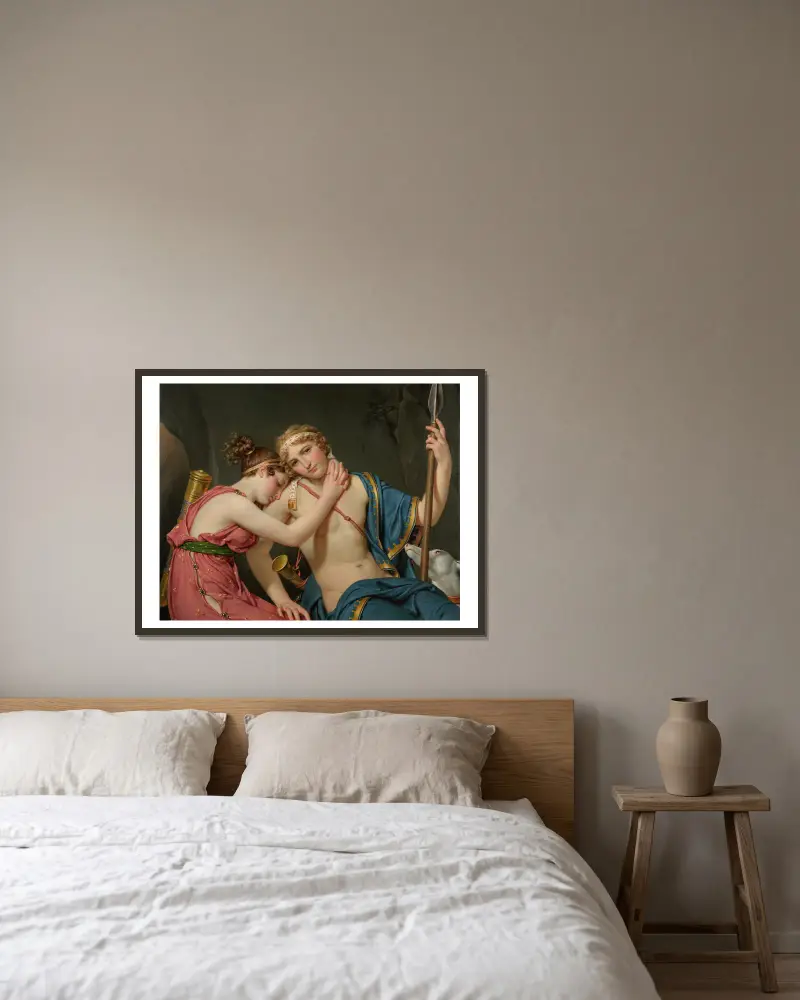 Telemachos och Eucharis avsked av Jacques Louis David inramad på en vägg