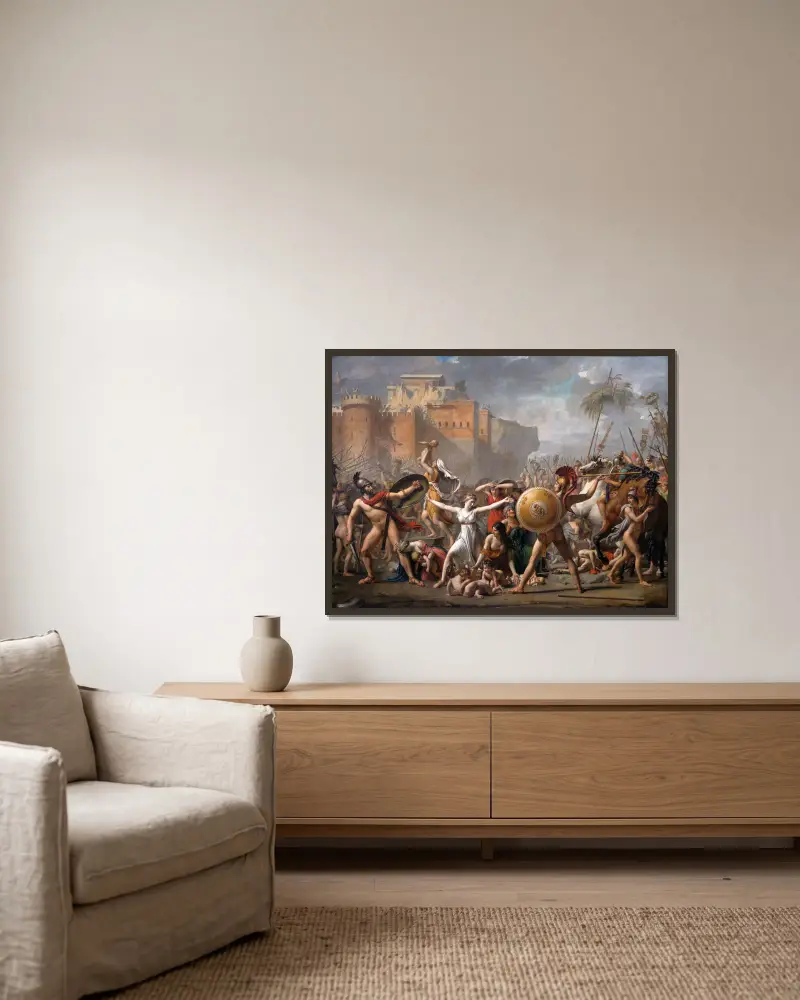 Sabinskornas ingripande av Jacques Louis David inramad på en vägg