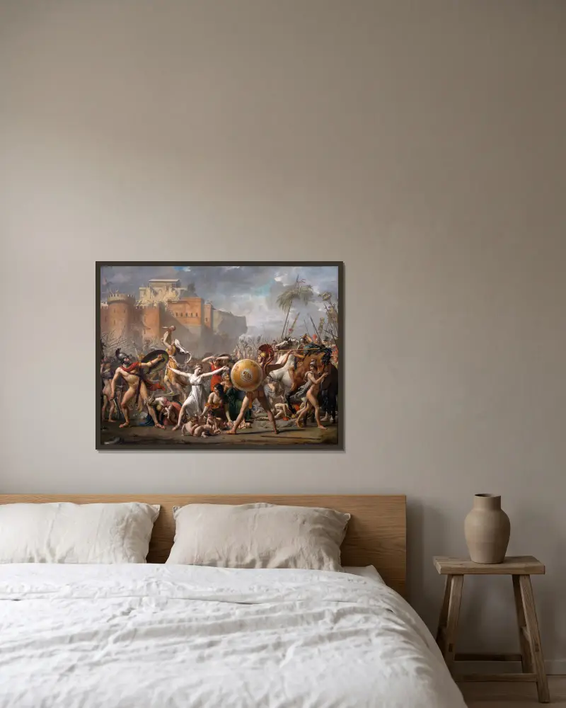 Sabinskornas ingripande av Jacques Louis David inramad på en vägg
