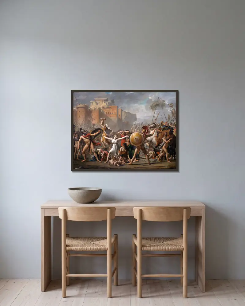 Sabinskornas ingripande av Jacques Louis David inramad på en vägg