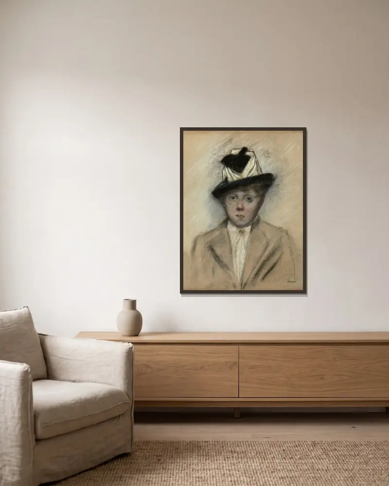 Kvinna med hatt av Jean-Louis Forain inramad på en vägg