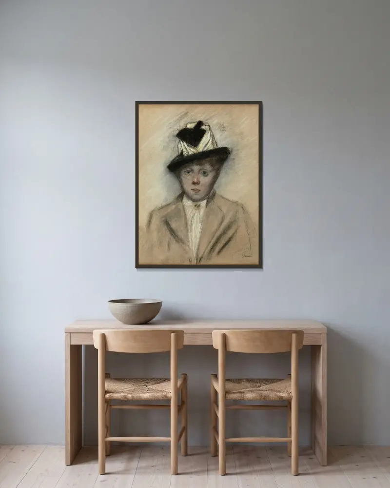Kvinna med hatt av Jean-Louis Forain inramad på en vägg