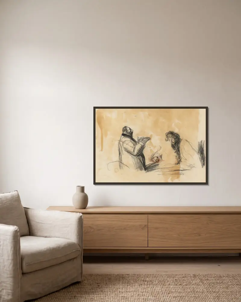 Skizze zu Im Krankenhaus (Rückseite) von Jean-Louis Forain gerahmt an einer Wand