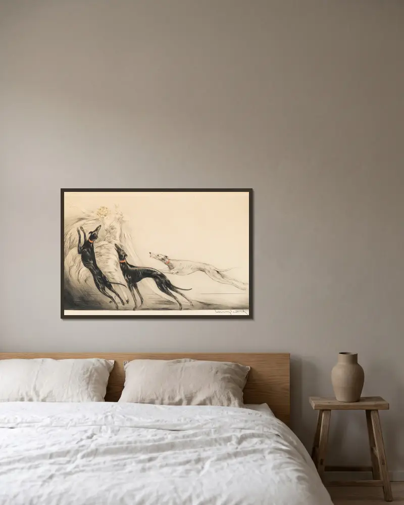 Coursing II av Louis Icart inramad på en vägg