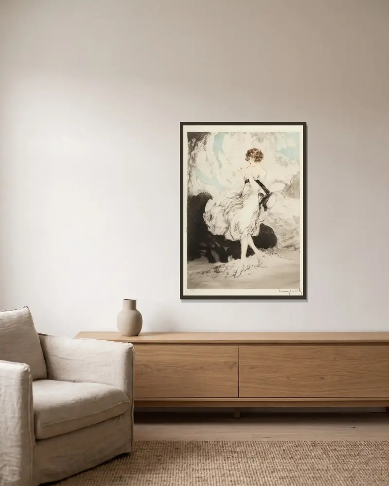 Dame mit Gänseblümchen von Louis Icart gerahmt an einer Wand